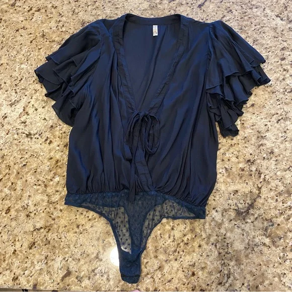 Intimately Free People Call Me Later Navy Blue Ruffle Sleeve Bodysuit - Picture 6 of 11